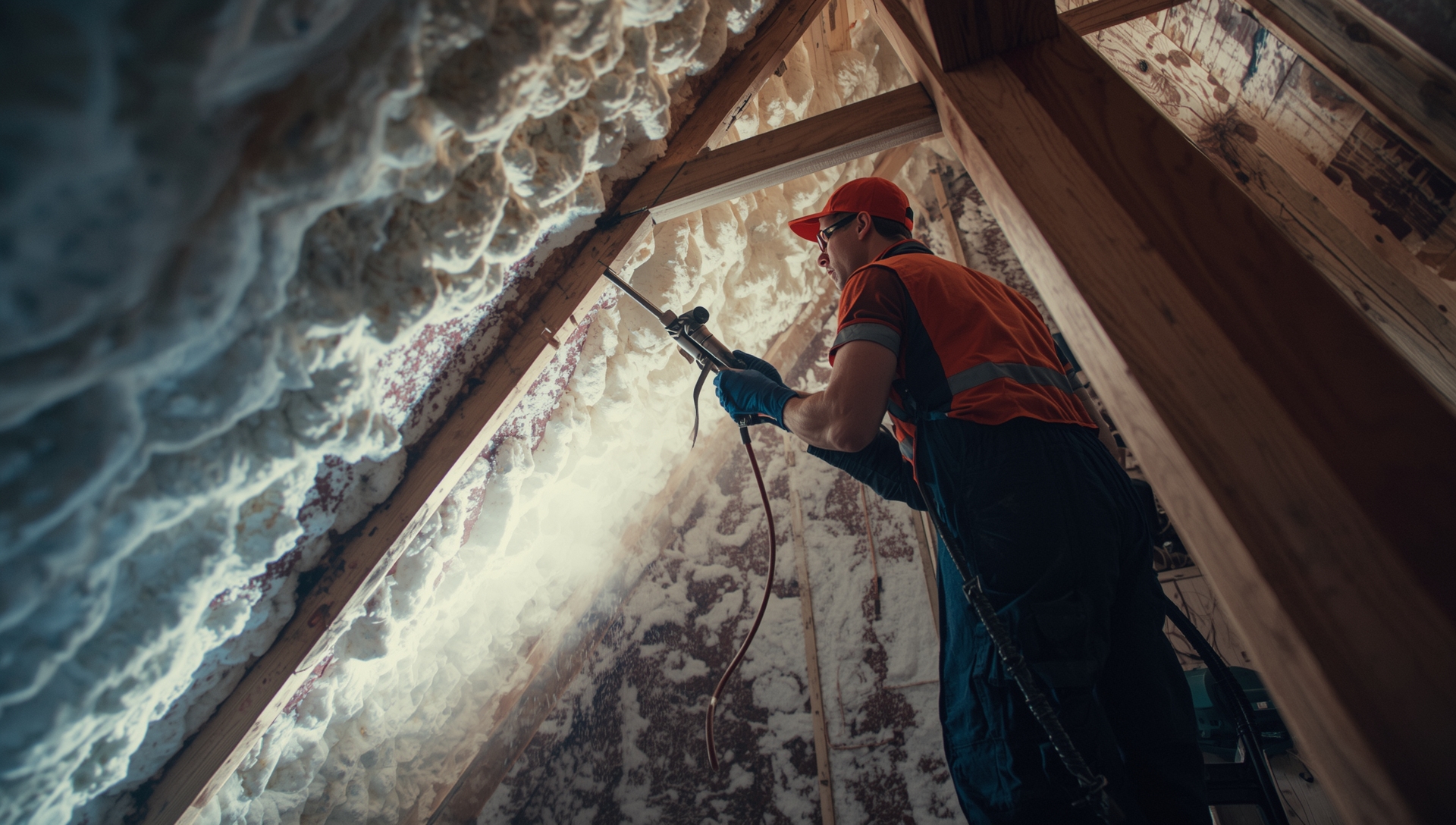Contractor applying spray foam insulation in an attic to improve home energy efficiency