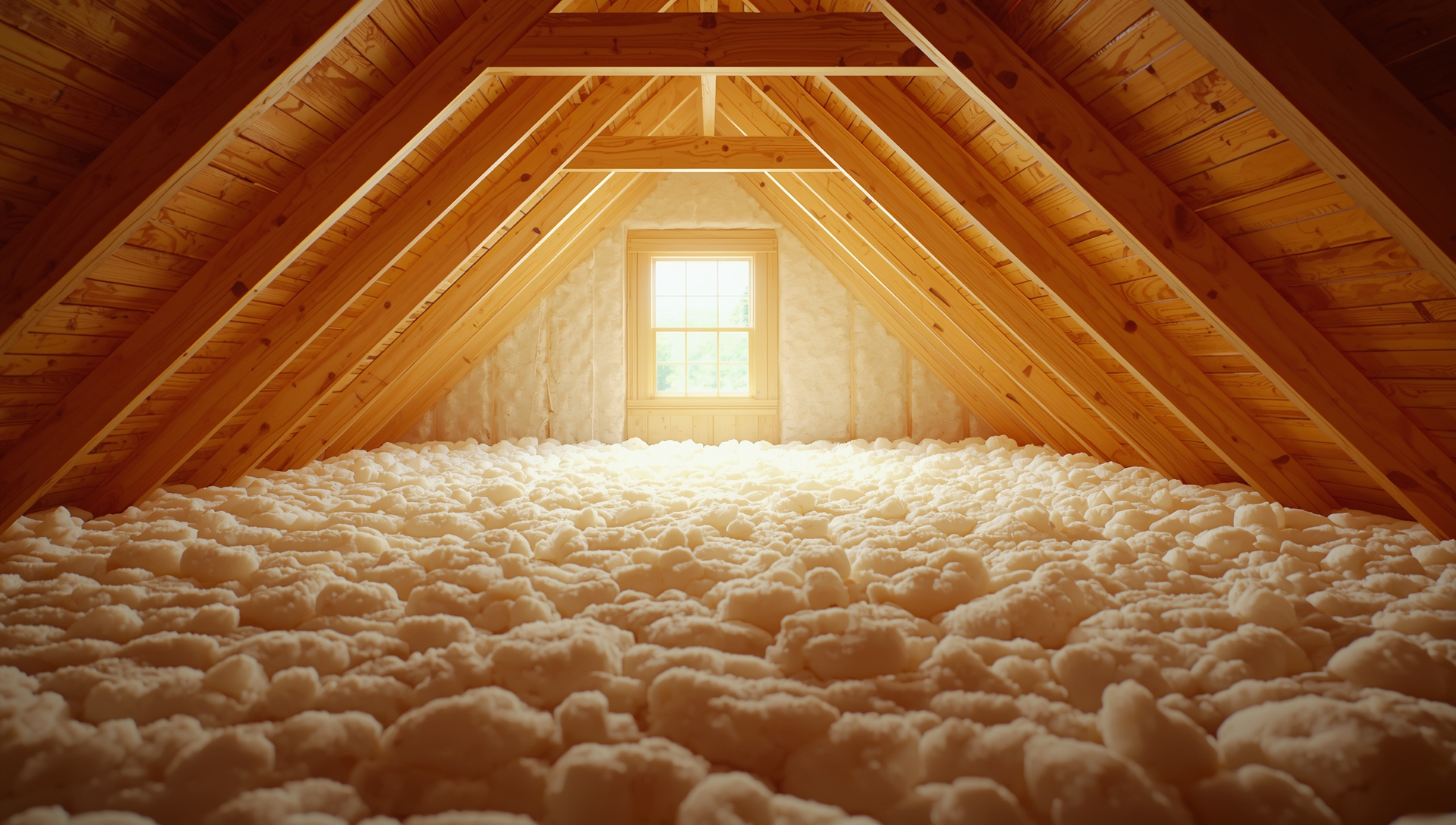 Bright clean attic with insulation installed along the floor and rafters