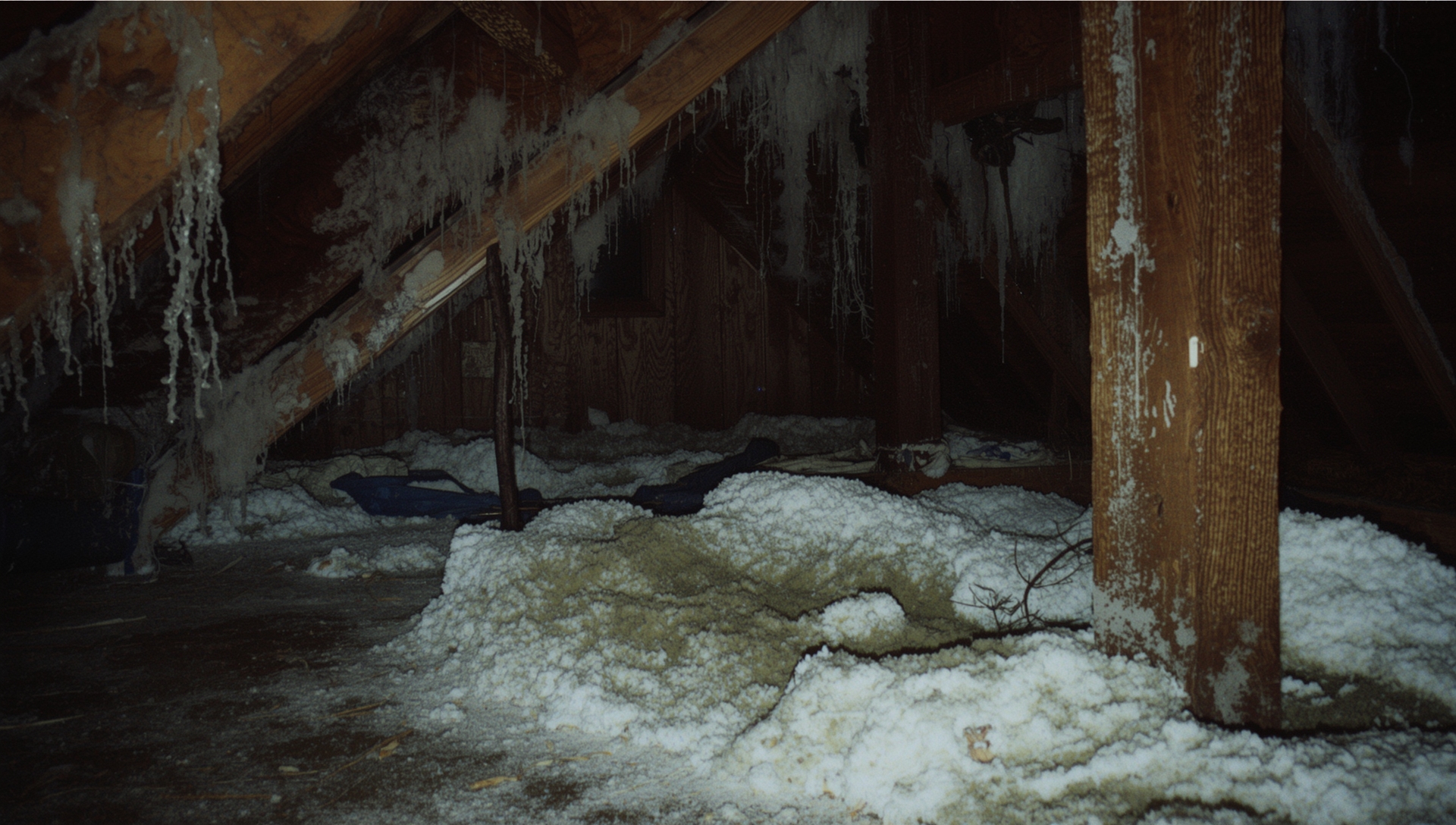 Professional attic mold remediation showing mold growth on wooden rafters