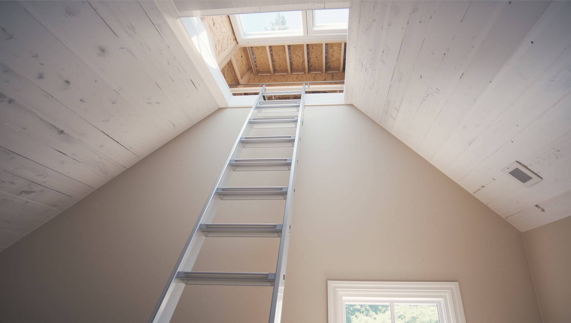 A professionally installed attic ladder providing safe access to an insulated attic storage space.