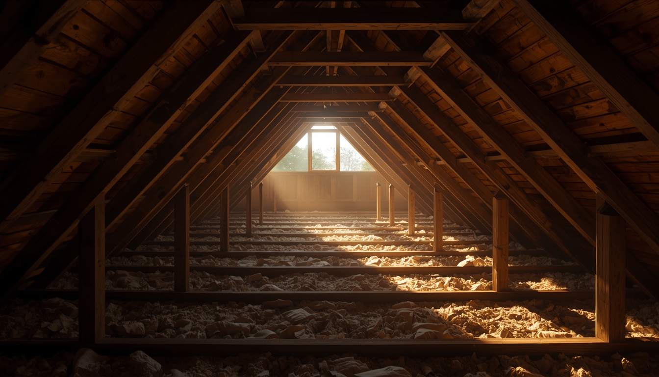 Realistic attic interior with sunlight, wooden rafters, and insulation showing heat buildup due to poor ventilation
