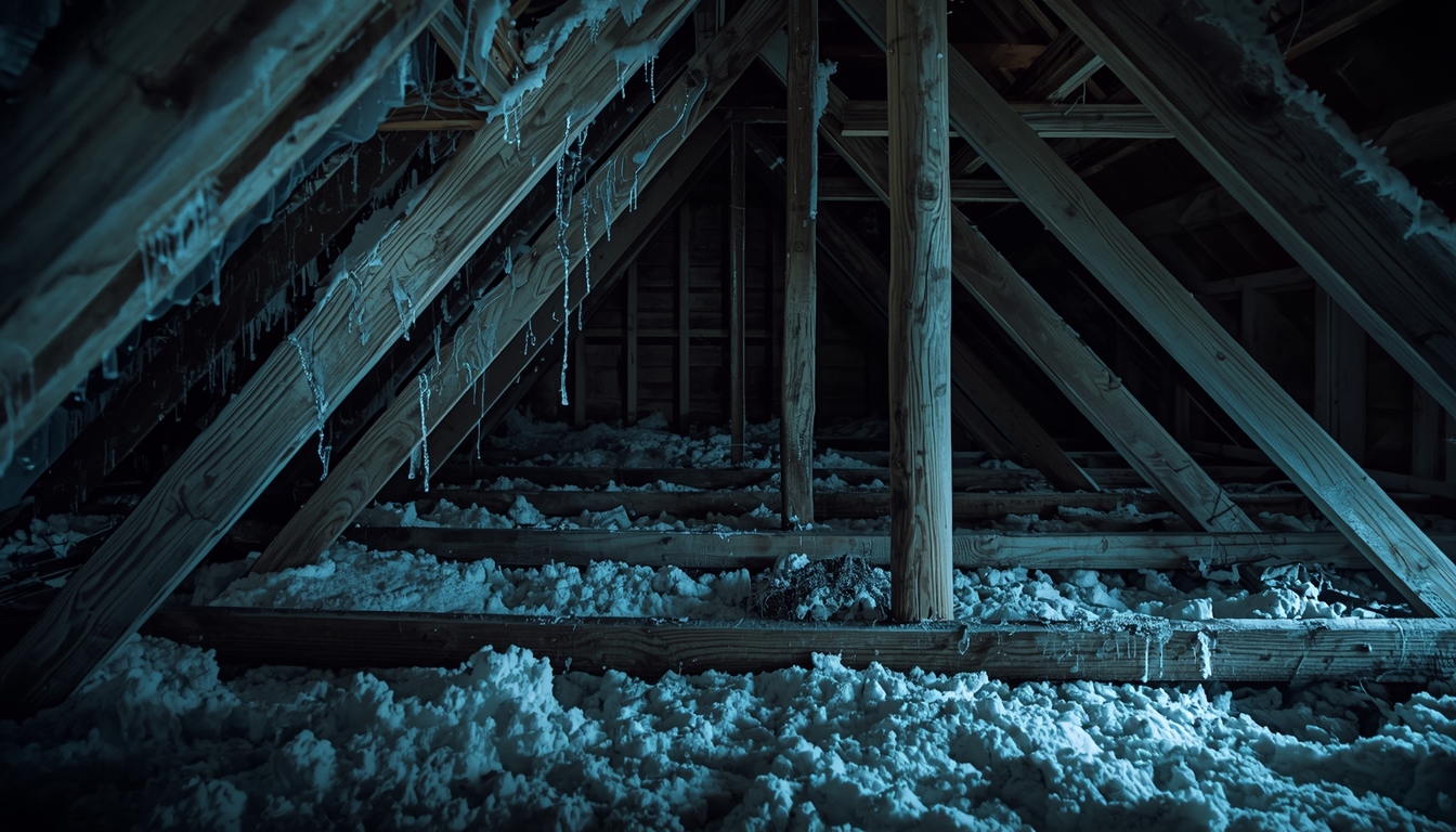 Poor attic insulation with visible gaps, condensation buildup, and heat loss causing energy inefficiency in a home