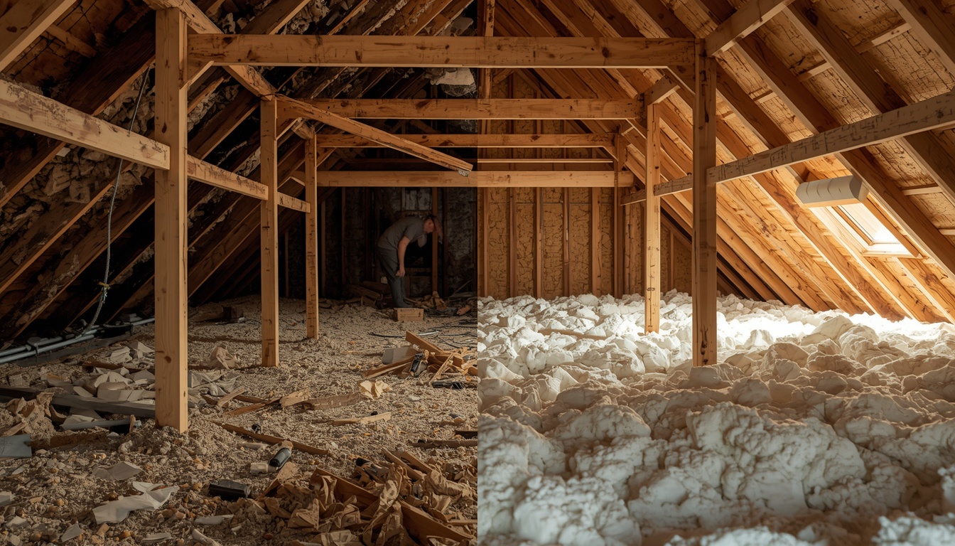 Split-scene attic showing damaged roof framing and moisture issues beside a repaired insulated attic with reinforced supports