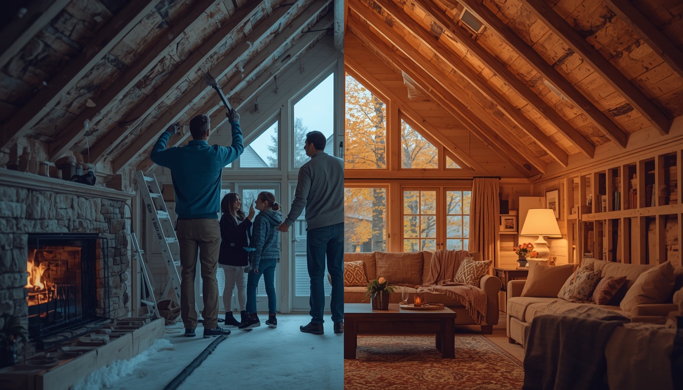 Professional technician upgrading attic insulation to improve home energy efficiency and winter comfort during seasonal maintenance.